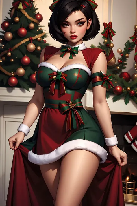 woman, short black hair, hazel eyes, christmas pinup <lora:Christmas Pin up_v1:1>