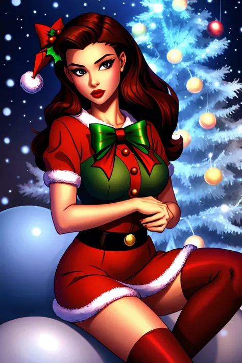 woman, long brown hair, black eyes, christmas pinup <lora:Christmas Pin up_v1:1>