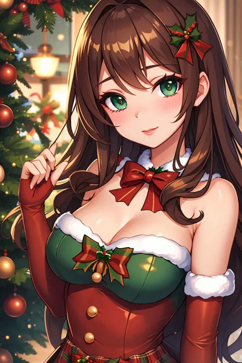 woman, long brown hair, green eyes, christmas pinup <lora:Christmas Pin up_v1:1>