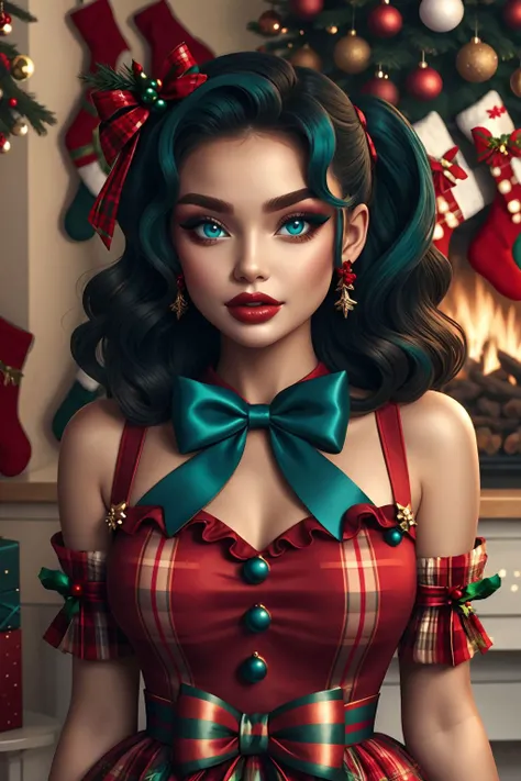 woman, bold, teal eyes, christmas pinup <lora:Christmas Pin up_v1:1>