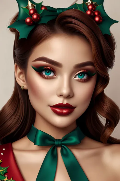 woman, bold, jade eyes, christmas pinup <lora:Christmas Pin up_v1:1>