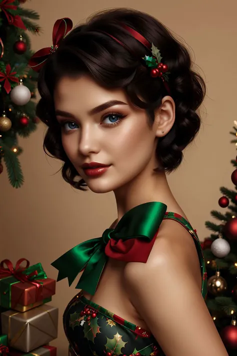 woman, short black hair, grey eyes, christmas pinup <lora:Christmas Pin up_v1:1>