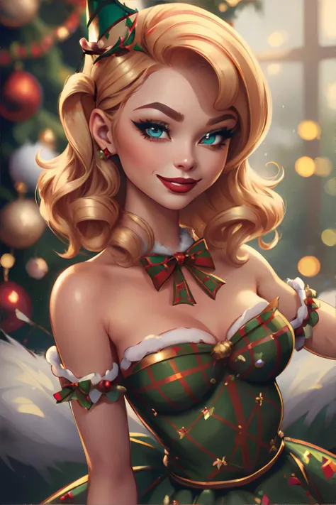 <lora:christmaspinupdress-montitto:1.00>, christmas pinup, flirty smile || skin, hair, clothing, masterpiece, 8k, high resolution, shallow depth of field, sharp focus