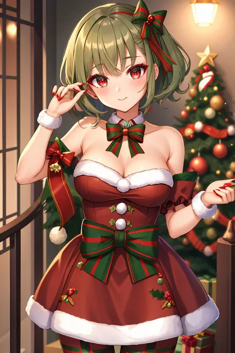 woman, gray buzzcut, red eyes, christmas pinup <lora:Christmas Pin up_v1:1>