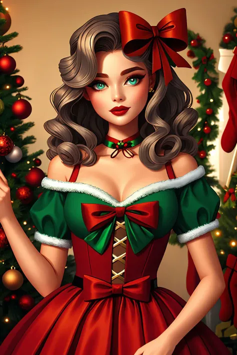 woman, long wavy gray hair, amber eyes, christmas pinup <lora:Christmas Pin up_v1:1>