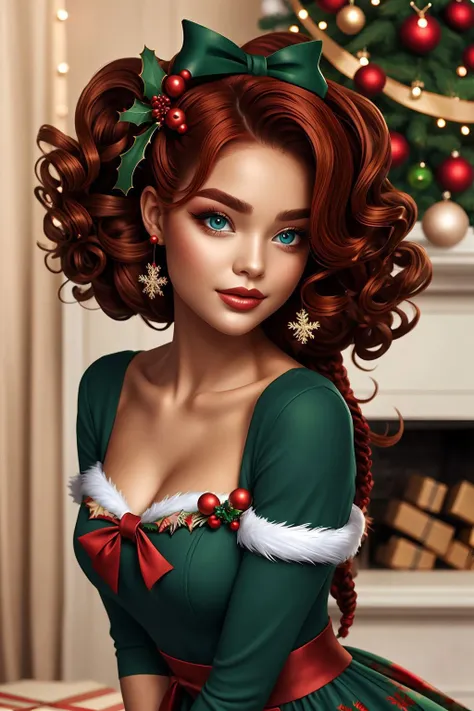 woman, auburn dreadlocks, coral eyes, christmas pinup <lora:Christmas Pin up_v1:1>