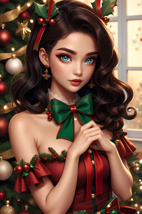 woman, long wavy black hair, hazel eyes, christmas pinup <lora:Christmas Pin up_v1:1>