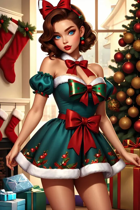 woman, short brown hair, ice blue eyes, christmas pinup <lora:Christmas Pin up_v1:1>