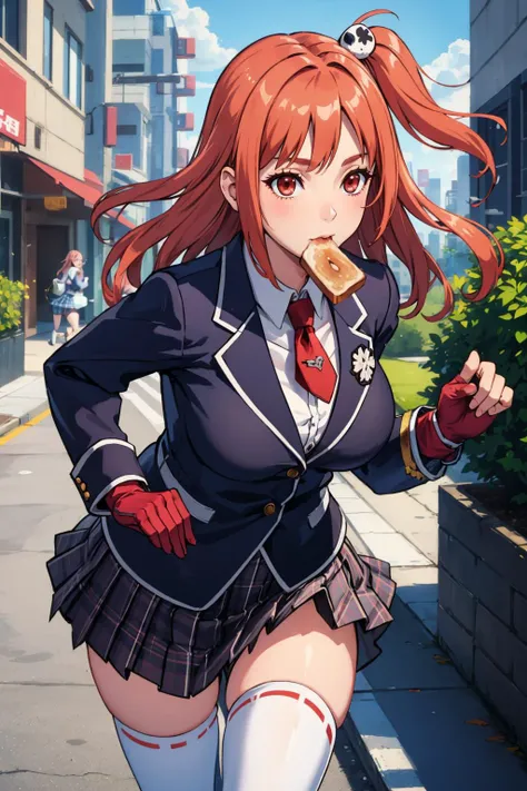 masterpiece, best quality <lora:doa_honoka-10:1> honoka, one side up, skull hair ornament, school uniform, jacket, necktie, single glove, black gloves, plaid skirt, white thighhighs, large breasts, running <lora:toast-nvwls-v1:0.8> toast in mouth, city street