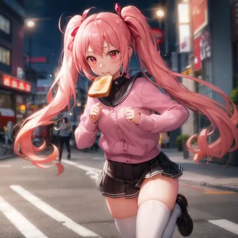 masterpiece, ultra high quality cg, best quality, 1girl, pink twintails, toast in mouth, running, city street