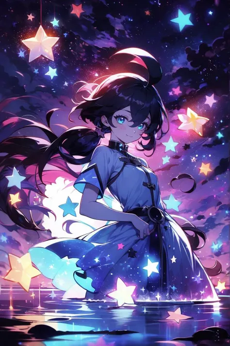 <lora:xcdd:1> xcdd, dress, wading, star, water, sky, night, glowing, sparkle, star, night sky, backlighting, light particles, floating hair,, absurdres, ultra detailed, masterpiece, best quality, aesthetic, detailed,, katya1, solo, smile, 1girl, aqua eyes, black hair, <lora:low_ponytail-1.0:0.7> low ponytail, ahoge, absurdly long hair, very long hair, hair flaps, hair between eyes, bangs, crossed bangs, messy hair, small breasts, goggles on head, closed mouth,