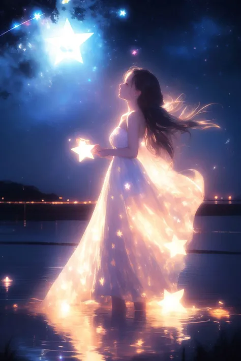xcdd,1girl,solo,dress,wading,star \(symbol\),long hair,skirt hold,water,white dress,bare shoulders,sky,night,glowing,standing,profile,bare arms,sparkle,strapless,braid,star \(sky\),strapless dress,looking at viewer,outdoors,night sky,<lora:xcdd:0.8>,, (masterpiece, best quality, high quality, highres, ultra-detailed),