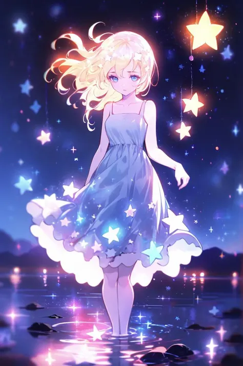 <lora:xcdd:1> xcdd, dress, wading, star, water, sky, night, glowing, sparkle, star, night sky, backlighting, light particles, floating hair, <lora:namine_v1:0.7> aanamine, blonde hair, bare shoulders, white dress, dress,, absurdres, ultra detailed, masterpiece, best quality, aesthetic, detailed,