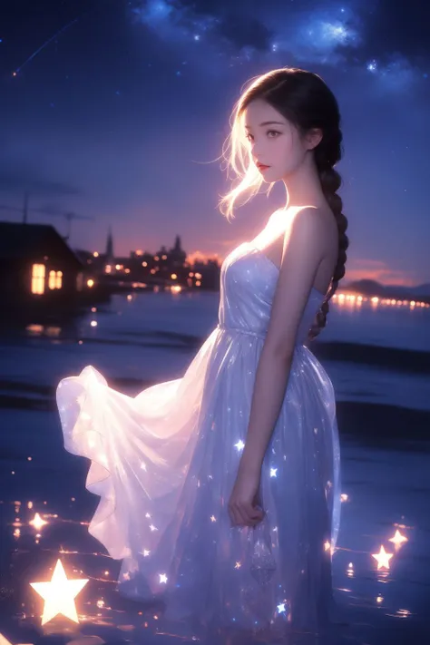 ((biologically correct number of limbs))、(( Full body image(including face)))、4K、masterpiece、((focus on face))、((Facial features are symmetrical))、The description of the eyes is very detailed.、beautiful woman、Outstanding Style、beautiful hands臂、Beautiful legs、beautiful hands、(Slim)、facial details、small earrings、necklace、(white shiny、sparkly dress、barefoot、radiant skin)Smile、(Beautiful legsのアップ)、Sweat,Starry Sky,Starry Sky Background,Deep View,above water,double tail,Colored hair,Blue and pink gradient hair,Bare legs,barefoot
