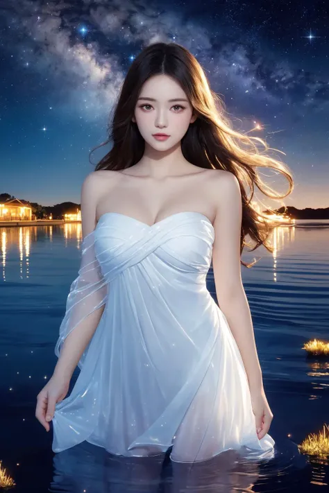 <lora:xcdd:0.5>, xcdd, best quality, masterpiece, illustration, realistic, photo-realistic, amazing, finely detail, incredibly absurdres, huge filesize, ultra-detailed, highres, extremely detailed CG unity 8k wallpaper, nsfw, A close-up view of a young woman with a delicate, youthful face and natural makeup. She is wearing a flowing, strapless white dress made of sheer, gossamer fabric that hugs her body, exposing hints of her skin and figure underneath. The dress has a slightly plunging neckline, accentuating her bare shoulders and collarbones. She is standing in shallow water, the translucent material of her dress becoming one with the water, creating an ethereal, dreamlike effect. The dress is adorned with twinkling, luminescent stars that seem to glow from within. The night sky surrounds her, filled with a canopy of stars and the shimmering stream of the Milky Way galaxy. The scene exudes a sense of celestial wonder and innocent allure.