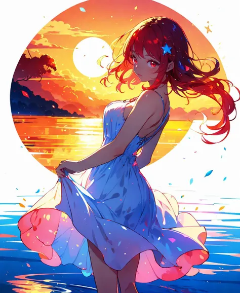 (masterpiece, high quality, highres,Highest picture quality), (Master's work), (zentangle:1.2),1girl,classical,noble,princess,negative space,Tyndall Effect,light background, [(white background:1.3)::5], bare shoulders, barefoot, bare back, shiny skin, shiny hair, dress,  large breasts, red, red hair, red eyes, xcdd, backlighting, water, sky, glowing, standing, sunset, hair ornament, white dress, star hair ornament, bangs, star