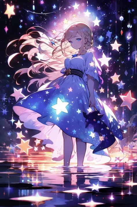 xcdd, dress, wading, star, water, sky, night, glowing, sparkle, star, night sky, backlighting, light particles, floating hair, absurdres, ultra detailed, masterpiece, best quality, aesthetic, detailed,, solo, soft smile, light smile,
katya1, 1girl, blue eyes, very long hair, blonde hair, long blonde hair, french braid, bangs, medium breasts,