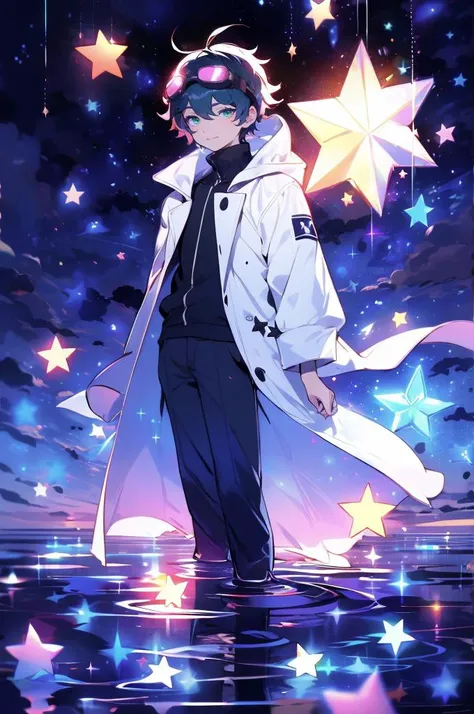 <lora:xcdd:1> xcdd, wading, star, water, sky, night, glowing, sparkle, star, night sky, backlighting, light particles, floating hair, (1boy:1.3),, absurdres, ultra detailed, masterpiece, best quality, aesthetic, detailed,, ultra detailed, masterpiece, best quality, solo, smile, 1boy, green eyes, short hair, black hair, bangs, hair between eyes, messy hair, (goggles on head:1.2),, headband, white coat, hooded coat, hood down, open coat, turtleneck, capri pants, pants, black knee boots,