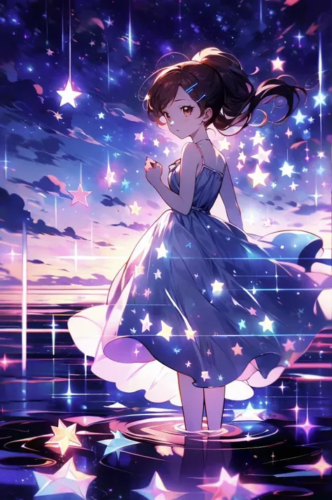 <lora:xcdd:1> xcdd, dress, wading, star, water, sky, night, glowing, sparkle, star, night sky, backlighting, light particles, floating hair, <lora:haru:0.7> haru1,brown eyes, bangs, brown hair, hair ornament, hairclip, ponytail,, absurdres, ultra detailed, masterpiece, best quality, aesthetic, detailed,