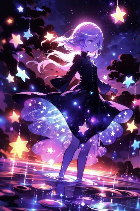 <lora:xcdd:1> xcdd, dress, wading, star, water, sky, night, glowing, sparkle, star, night sky, backlighting, light particles, floating hair, <lora:Xion LoRA:1> xion, absurdres, ultra detailed, masterpiece, best quality, aesthetic, detailed,