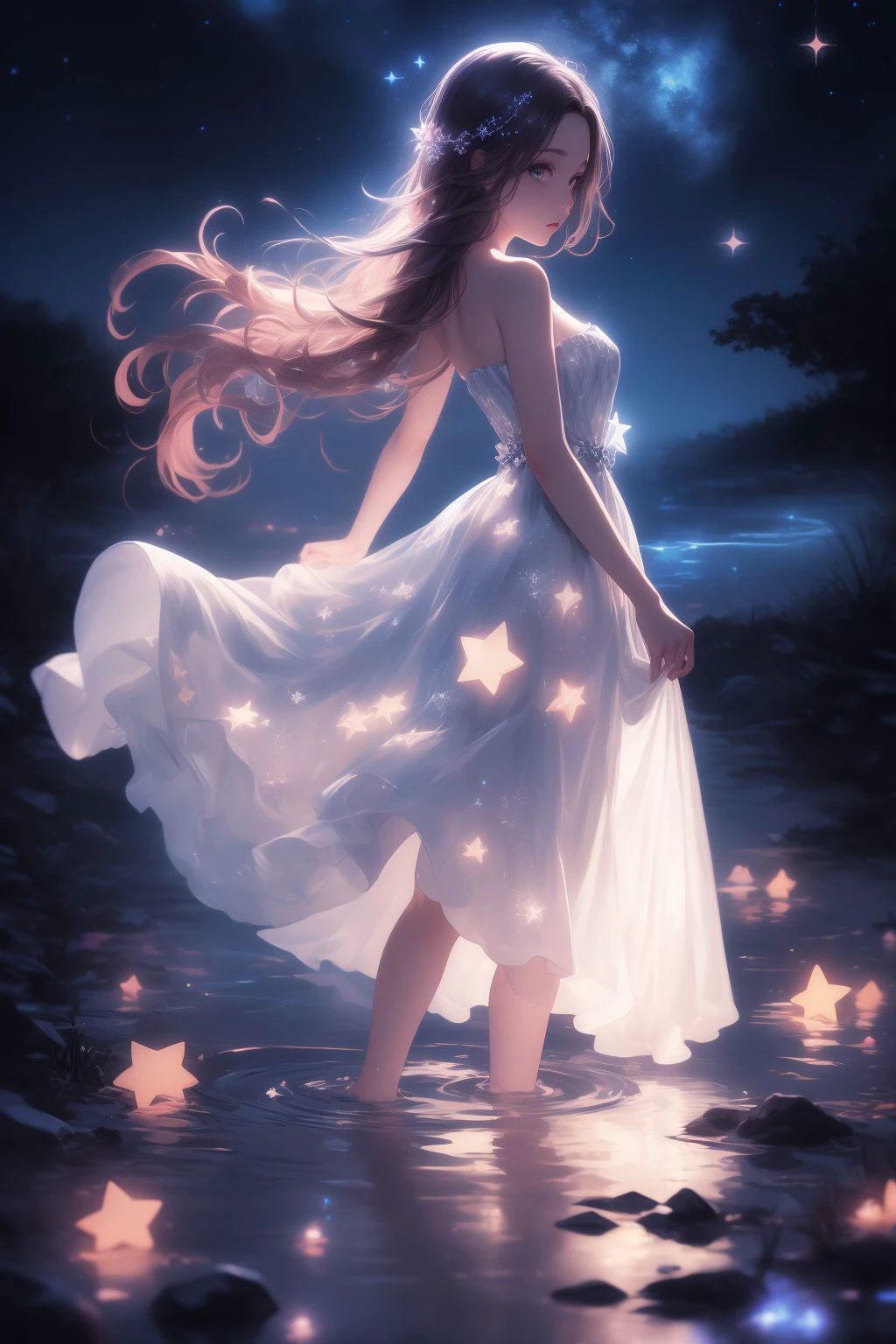 xcdd,1girl,solo,dress,wading,star \(symbol\),long hair,skirt hold,water,white dress,bare shoulders,sky,night,glowing,standing,profile,bare arms,sparkle,strapless,braid,star \(sky\),strapless dress,looking at viewer,outdoors,night sky,<lora:xcdd:0.6>,star \(symbol\),, (masterpiece, best quality, high quality, highres, ultra-detailed),
