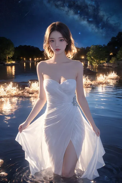 <lora:xcdd:0.5>, xcdd, best quality, masterpiece, illustration, realistic, photo-realistic, amazing, finely detail, incredibly absurdres, huge filesize, ultra-detailed, highres, extremely detailed CG unity 8k wallpaper, nsfw, A close-up view of a young woman with a delicate, youthful face and natural makeup. She is wearing a flowing, strapless white dress made of sheer, gossamer fabric that hugs her body, exposing hints of her skin and figure underneath. The dress has a slightly plunging neckline, accentuating her bare shoulders and collarbones. She is standing in shallow water, the translucent material of her dress becoming one with the water, creating an ethereal, dreamlike effect. The dress is adorned with twinkling, luminescent stars that seem to glow from within. The night sky surrounds her, filled with a canopy of stars and the shimmering stream of the Milky Way galaxy. The scene exudes a sense of celestial wonder and innocent allure.