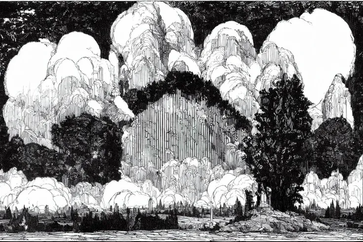 <lora:franklinbooth_v2:1> art in the style of franklinbooth, a goverment building , surrended by trees and forest, clouds, mountains, rock face