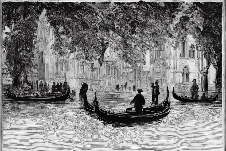 <lora:franklinbooth_v2:1> art in the style of franklinbooth, a man on a boat in venice