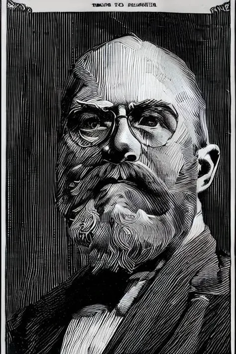 <lora:franklinbooth_v2:1> art in the stle of franklinbooth, a ink drawing of a older man with a beard