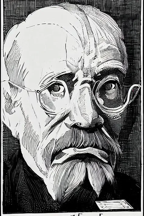 <lora:franklinbooth_v2:1> art in the stle of franklinbooth, a ink drawing of a older man with a beard
