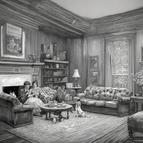 <lora:franklinbooth_xl-000006:1>a ink drawing in the style of franklinbooth, fireplace, sofa, dog, people sitting, tea time, high ceiling