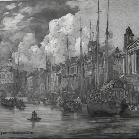 <lora:franklinbooth_xl-000008:1>in the style of franklinbooth, many boats waiting to dock, 17th century, dark ink, high detail, clouds, buildings,