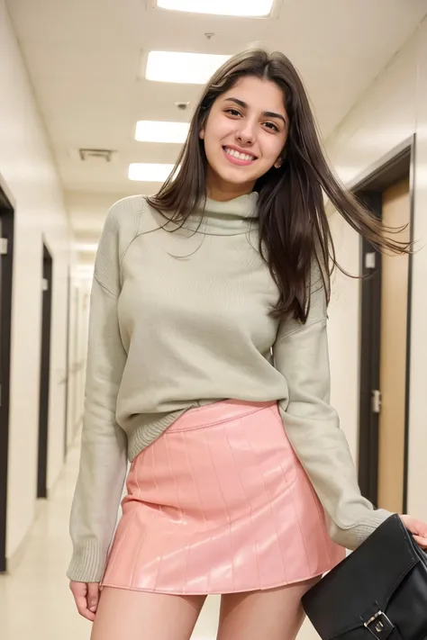 2000s colorful photo of a mid-height 20yo woman, dglattev2_TI:0.8, <lora:l_grm_ge_sd_64_32:1> ((grimacing expression)) on face, college student holding bag, wearing tight sweater, short leather skirt, legs spread slightly, hand reaching towards viewer, sexy, naughty, in college hallway, cold fluorescent lighting