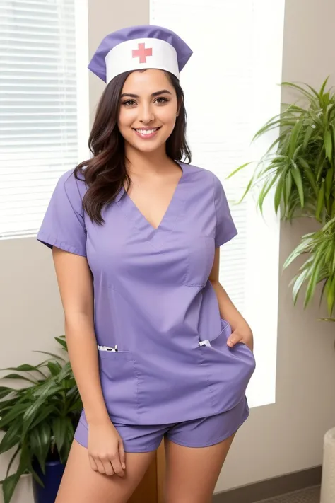 voyeur photo of a sexy 30yo woman nurse, wearing sexy nurse scrubs and nurse cap, smiling at viewer, hospital background with single plant in corner, dglattev2_TI