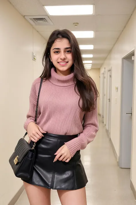 colorful photo of a petite 20yo woman, dglattev2_TI:0.8, <lora:l_grm_ge_sd_64_32:1> ((grimacing expression)) on face, college student holding bag, wearing tight sweater, short leather skirt, legs spread slightly, hand reaching towards viewer, sexy, naughty, in college hallway, cold fluorescent lighting