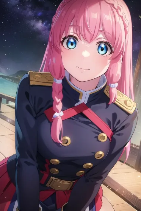 neiookawamura, <lora:nei ookawamura s1-lora-nochekaiser:1>,
nei ookawamura, long hair, blue eyes, hair ornament, pink hair, braid, smile,
BREAK gloves, boots, belt, skirt, uniform, military, military uniform, epaulettes,
BREAK outdoors, space, starry sky, star \(sky\), moon,
BREAK looking at viewer, (cowboy shot:1.5),
BREAK <lyco:GoodHands-beta2:1>, (masterpiece:1.2), best quality, high resolution, unity 8k wallpaper, (illustration:0.8), (beautiful detailed eyes:1.6), extremely detailed face, perfect lighting, extremely detailed CG, (perfect hands, perfect anatomy),