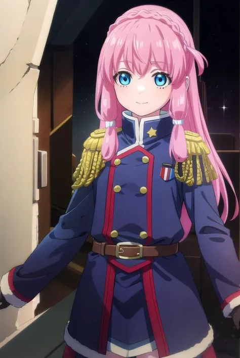 neiookawamura, <lora:nei ookawamura s1-lora-nochekaiser:1>,
nei ookawamura, long hair, blue eyes, hair ornament, pink hair, braid, smile,
BREAK gloves, boots, belt, skirt, uniform, military, military uniform, epaulettes,
BREAK outdoors, space, starry sky, star \(sky\), moon,
BREAK looking at viewer, (cowboy shot:1.5),
BREAK <lyco:GoodHands-beta2:1>, (masterpiece:1.2), best quality, high resolution, unity 8k wallpaper, (illustration:0.8), (beautiful detailed eyes:1.6), extremely detailed face, perfect lighting, extremely detailed CG, (perfect hands, perfect anatomy),