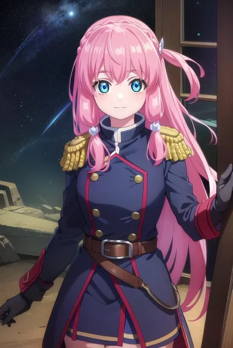 neiookawamura, <lora:nei ookawamura s1-lora-nochekaiser:1>,
nei ookawamura, long hair, blue eyes, hair ornament, pink hair, braid, smile,
BREAK gloves, boots, belt, skirt, uniform, military, military uniform, epaulettes,
BREAK outdoors, space, starry sky, star \(sky\), moon,
BREAK looking at viewer, (cowboy shot:1.5),
BREAK <lyco:GoodHands-beta2:1>, (masterpiece:1.2), best quality, high resolution, unity 8k wallpaper, (illustration:0.8), (beautiful detailed eyes:1.6), extremely detailed face, perfect lighting, extremely detailed CG, (perfect hands, perfect anatomy),