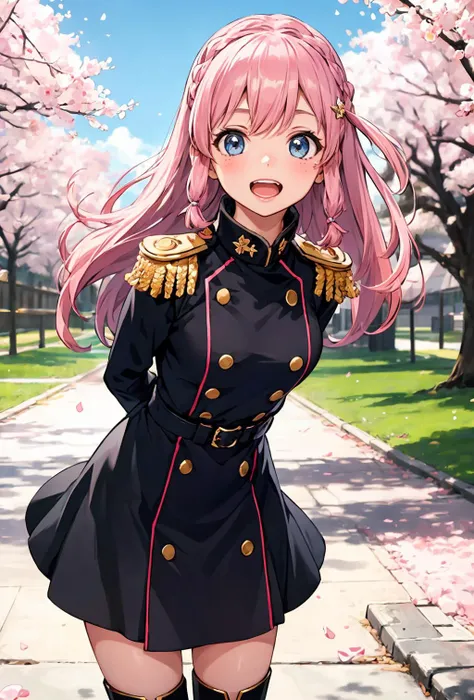 neiookawamura, <lora:nei ookawamura manga-lora-nochekaiser:0.7>,
nei ookawamura, long hair, blue eyes, hair ornament, pink hair, braid, smile,
gloves, boots, belt, skirt,  black uniform, military, military uniform, epaulettes,
arms behind back, leaning forward, standing, outdoors, smile, open mouth, cherry blossoms,