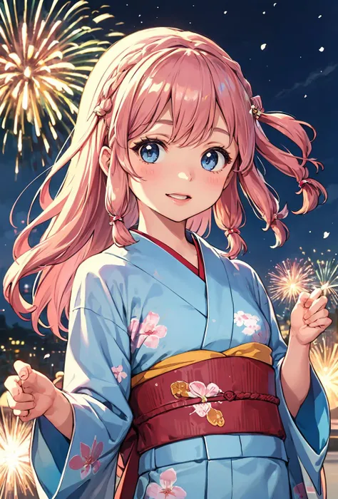 neiookawamura, <lora:nei ookawamura manga-lora-nochekaiser:0.7>,
nei ookawamura, long hair, blue eyes, hair ornament, pink hair, braid, smile,
japanese clothes, floral print,, yukata,brown eyes, brown hair , smile ,parted lips, firework, japanese festival