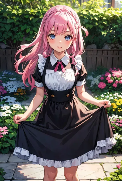 neiookawamura, <lora:nei ookawamura manga-lora-nochekaiser:0.8>,
nei ookawamura, long hair, blue eyes, hair ornament, pink hair, braid, smile,
maid, maid headdress, black dress, garden, standing, skirt hold,