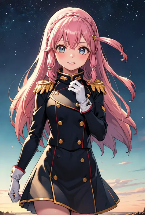 neiookawamura, <lora:nei ookawamura manga-lora-nochekaiser:1>,
nei ookawamura, long hair, blue eyes, hair ornament, pink hair, braid, smile,
BREAK gloves, boots, belt, skirt, uniform, military, military uniform, epaulettes,
BREAK outdoors, space, starry sky, star \(sky\), moon,
BREAK looking at viewer, (cowboy shot:1.5),
BREAK <lyco:GoodHands-beta2:1>, (masterpiece:1.2), best quality, high resolution, unity 8k wallpaper, (illustration:0.8), (beautiful detailed eyes:1.6), extremely detailed face, perfect lighting, extremely detailed CG, (perfect hands, perfect anatomy),