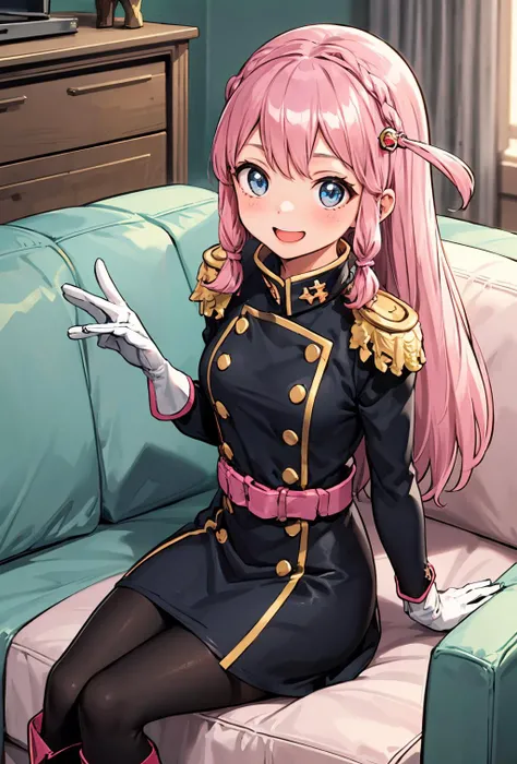 neiookawamura, <lora:nei ookawamura manga-lora-nochekaiser:1>,
nei ookawamura, long hair, blue eyes, hair ornament, pink hair, braid, smile,
BREAK gloves, boots, belt, skirt,  black uniform, military, military uniform, epaulettes,
sitting, sofa, living room, indoors,,