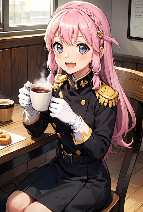 neiookawamura, <lora:nei ookawamura manga-lora-nochekaiser:0.7>,
nei ookawamura, long hair, blue eyes, hair ornament, pink hair, braid, smile,
gloves, boots, belt, skirt, black uniform, military, military uniform, epaulettes,
open mouth, upper tooth, smile, , sitting, table, chair, coffee shop, holding coffee cup, doughnut, food, smille, upper body