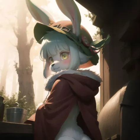 (Nanachi | bunny_girl, furry, anthro, bipedal), abyssal hat, nanachi's hideout, red cloak, forest, intricate detail, fire oven, sexy, lewd, blush, booty,