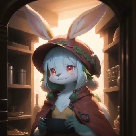 (Nanachi | bunny_girl, furry, anthro, bipedal), abyssal hat, nanachi's hideout, red cloak, forest, intricate detail, exploding oven