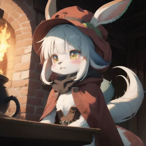 (Nanachi | bunny_girl, furry, anthro, bipedal), abyssal hat, nanachi's hideout, red cloak, forest, intricate detail, fire oven, sexy, lewd, blush, booty,