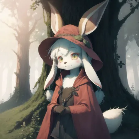 (Nanachi | bunny_girl, furry, anthro, bipedal), abyssal hat, nanachi's hideout, red cloak, forest, intricate detail,