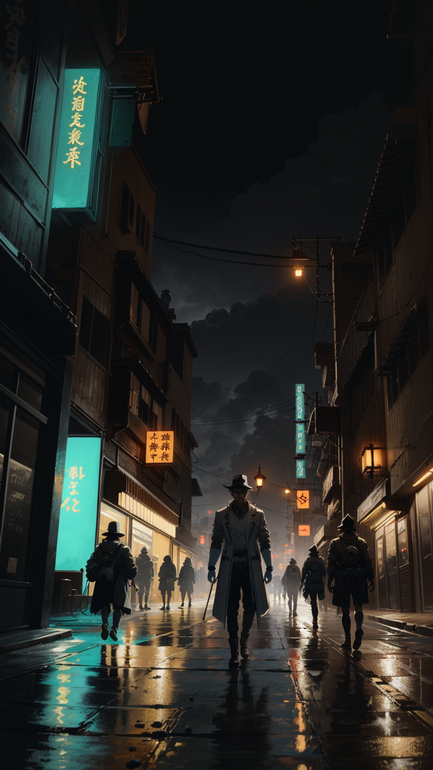 A group of people walking down a street at night - SeaArt AI