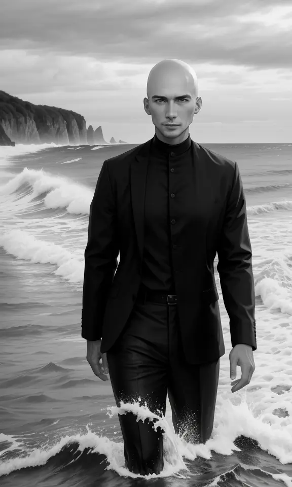 b&w photo of 42 y.o man in black clothes, bald, face, half body, body, high detailed skin, skin pores, coastline, overcast weather, wind, waves, 8k uhd, dslr, soft lighting, high quality, film grain, Fujifilm XT3